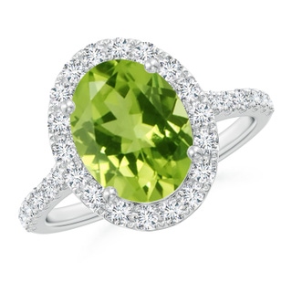10x8mm AAA Double Claw-Set Oval Peridot Halo Ring with Diamonds in White Gold