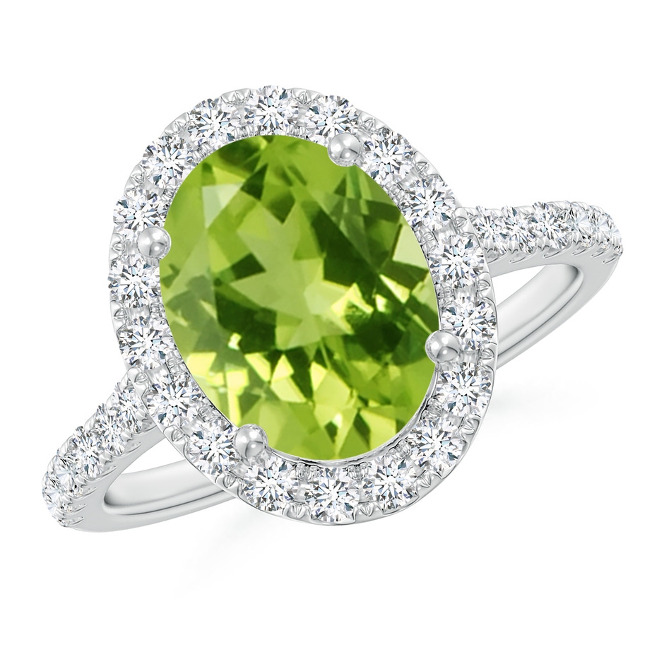 10x8mm AAA Double Claw-Set Oval Peridot Halo Ring with Diamonds in White Gold 