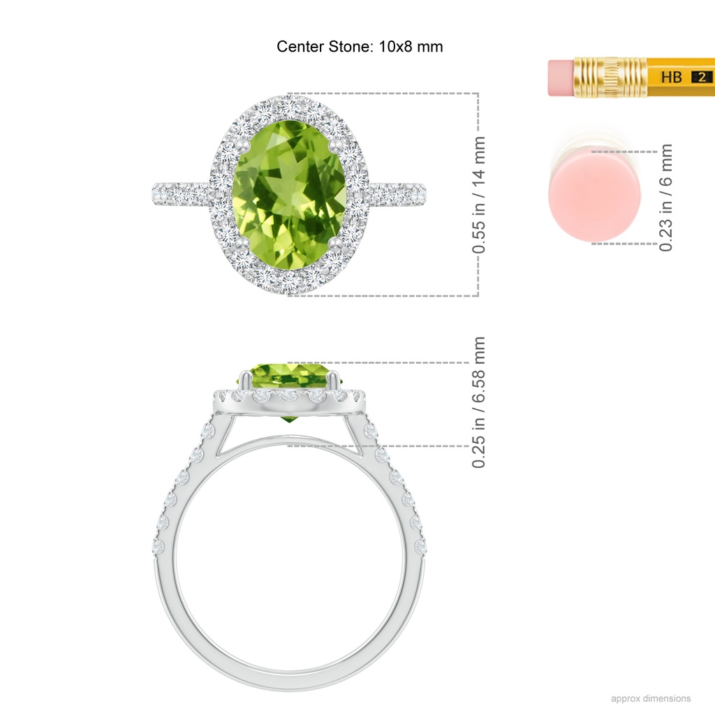 10x8mm AAA Double Claw-Set Oval Peridot Halo Ring with Diamonds in White Gold Ruler