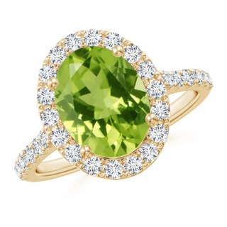 10x8mm AAA Double Claw-Set Oval Peridot Halo Ring with Diamonds in Yellow Gold