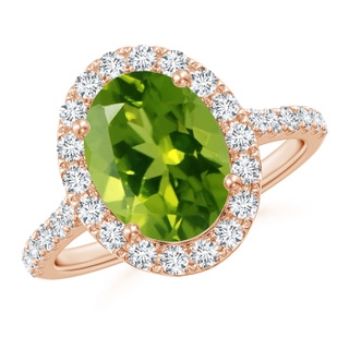 10x8mm AAAA Double Claw-Set Oval Peridot Halo Ring with Diamonds in 18K Rose Gold