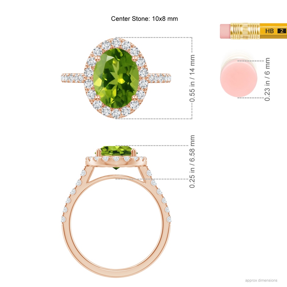 10x8mm AAAA Double Claw-Set Oval Peridot Halo Ring with Diamonds in 18K Rose Gold ruler