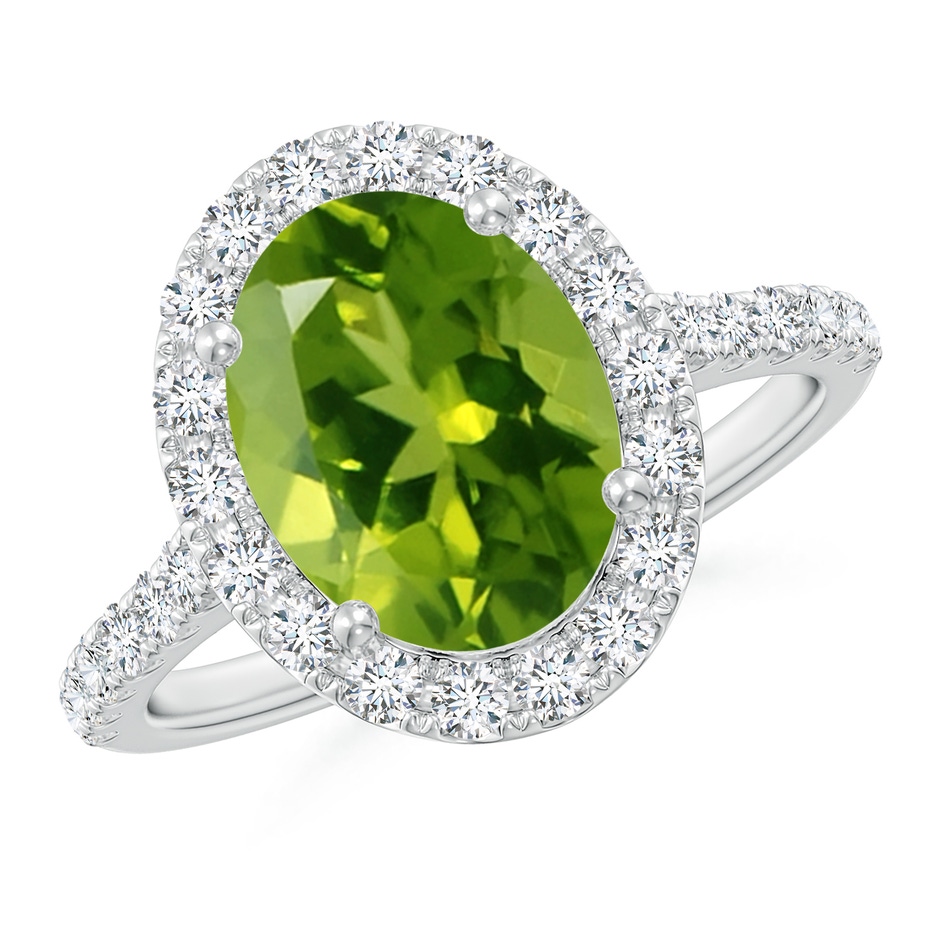 10x8mm AAAA Double Claw-Set Oval Peridot Halo Ring with Diamonds in White Gold 