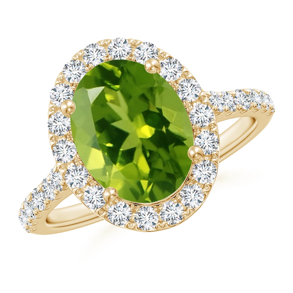 10x8mm AAAA Double Claw-Set Oval Peridot Halo Ring with Diamonds in Yellow Gold