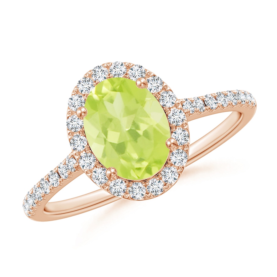 8x6mm A Double Claw-Set Oval Peridot Halo Ring with Diamonds in Rose Gold 