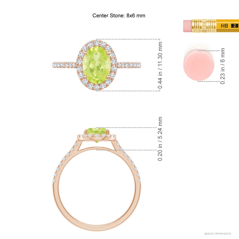 8x6mm A Double Claw-Set Oval Peridot Halo Ring with Diamonds in Rose Gold ruler