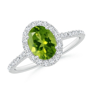 8x6mm AAAA Double Claw-Set Oval Peridot Halo Ring with Diamonds in P950 Platinum