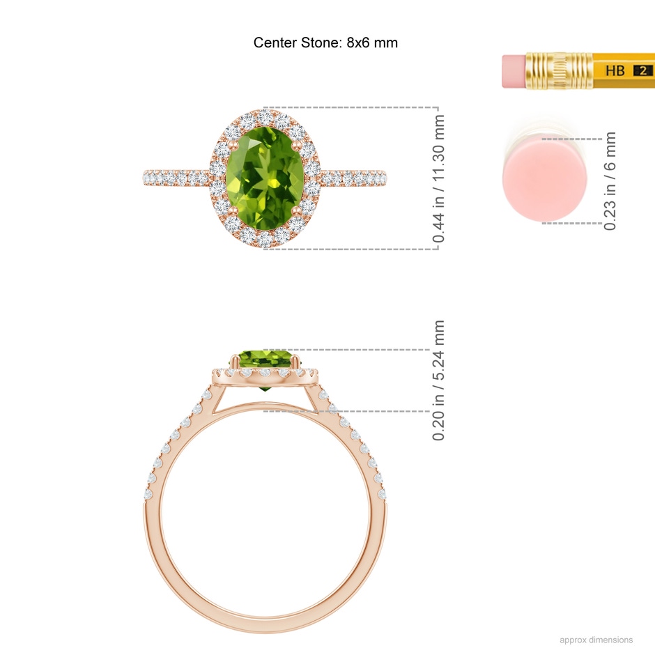 8x6mm AAAA Double Claw-Set Oval Peridot Halo Ring with Diamonds in Rose Gold ruler