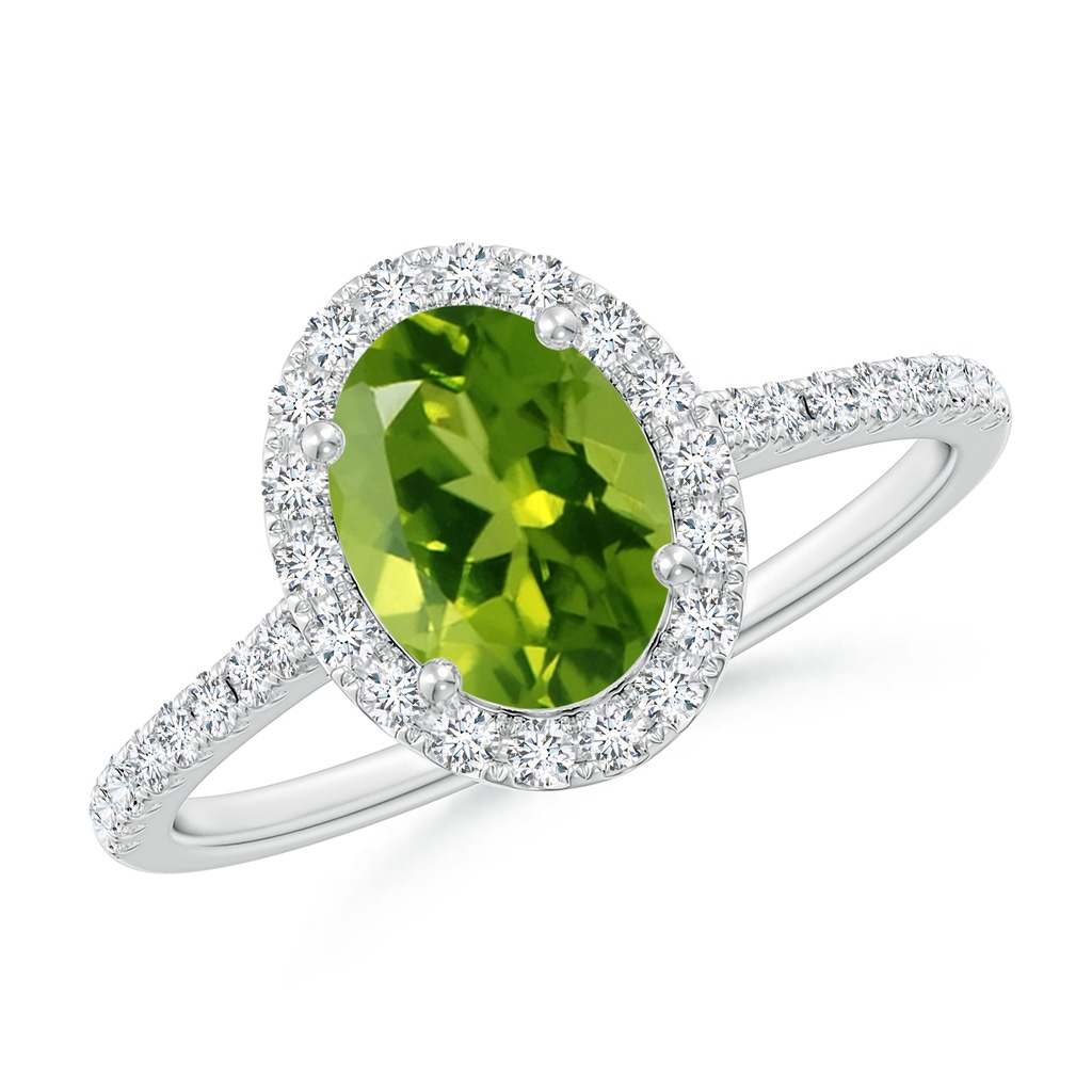 8x6mm AAAA Double Claw-Set Oval Peridot Halo Ring with Diamonds in White Gold