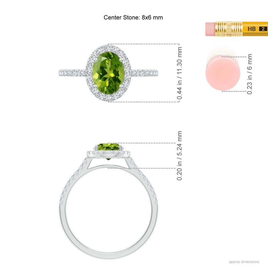 8x6mm AAAA Double Claw-Set Oval Peridot Halo Ring with Diamonds in White Gold ruler