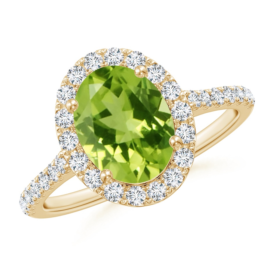 9x7mm AAA Double Claw-Set Oval Peridot Halo Ring with Diamonds in Yellow Gold 