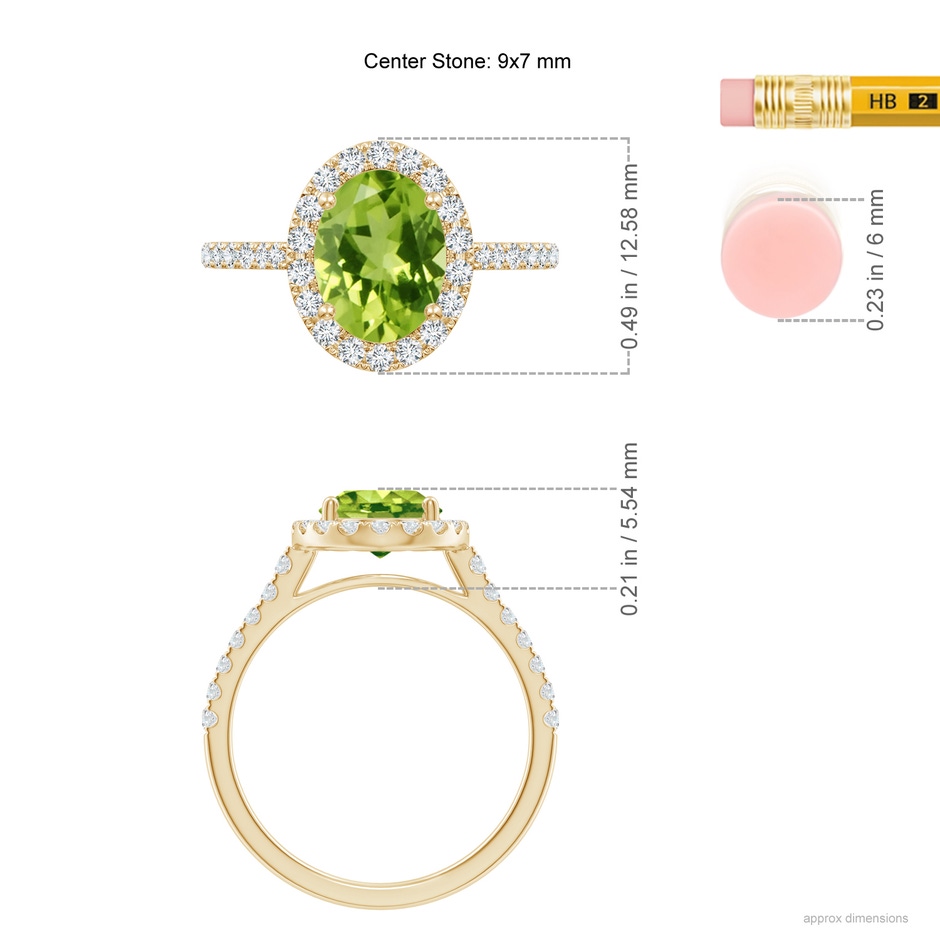 9x7mm AAA Double Claw-Set Oval Peridot Halo Ring with Diamonds in Yellow Gold ruler