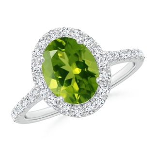 9x7mm AAAA Double Claw-Set Oval Peridot Halo Ring with Diamonds in P950 Platinum