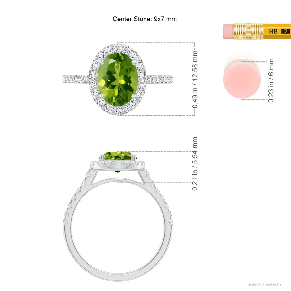 9x7mm AAAA Double Claw-Set Oval Peridot Halo Ring with Diamonds in P950 Platinum ruler