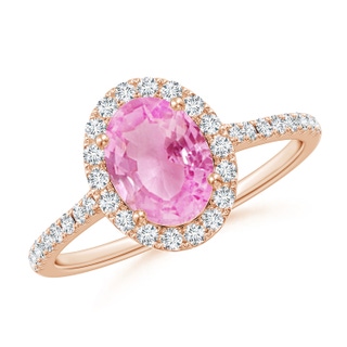 8x6mm A Prong-Set Oval Pink Sapphire Halo Ring with Diamonds in 9K Rose Gold