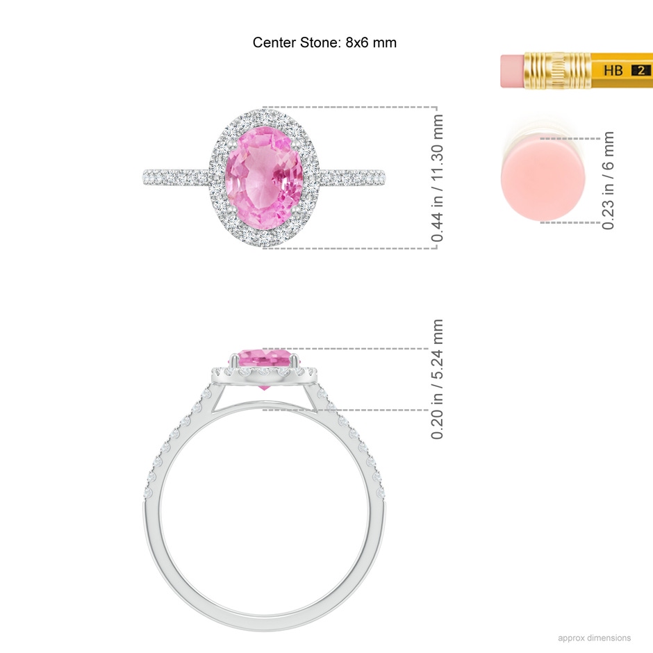 8x6mm A Double Claw-Set Oval Pink Sapphire Halo Ring with Diamonds in White Gold ruler