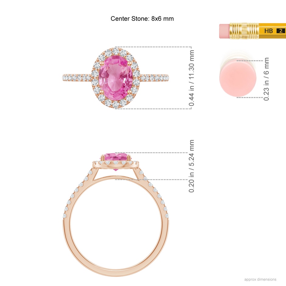 8x6mm AA Double Claw-Set Oval Pink Sapphire Halo Ring with Diamonds in Rose Gold ruler