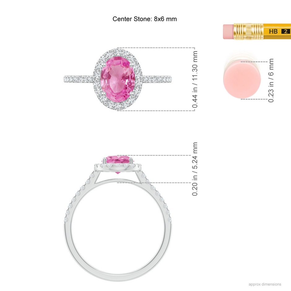 8x6mm AA Double Claw-Set Oval Pink Sapphire Halo Ring with Diamonds in White Gold ruler