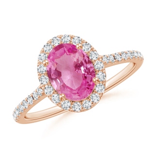 8x6mm AAA Double Claw-Set Oval Pink Sapphire Halo Ring with Diamonds in Rose Gold