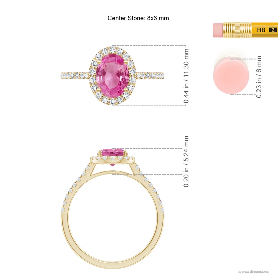 8x6mm AAA Double Claw-Set Oval Pink Sapphire Halo Ring with Diamonds in Yellow Gold ruler