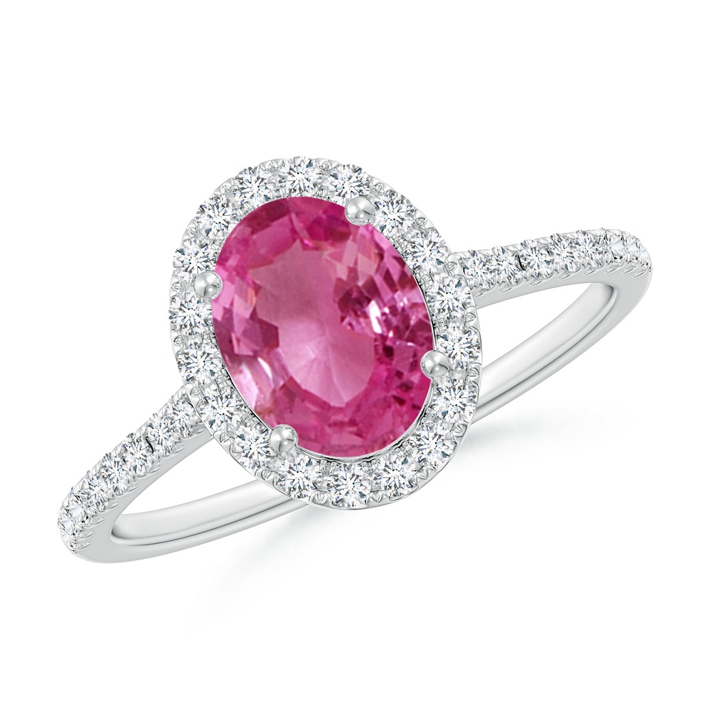 8x6mm AAAA Double Claw-Set Oval Pink Sapphire Halo Ring with Diamonds in P950 Platinum