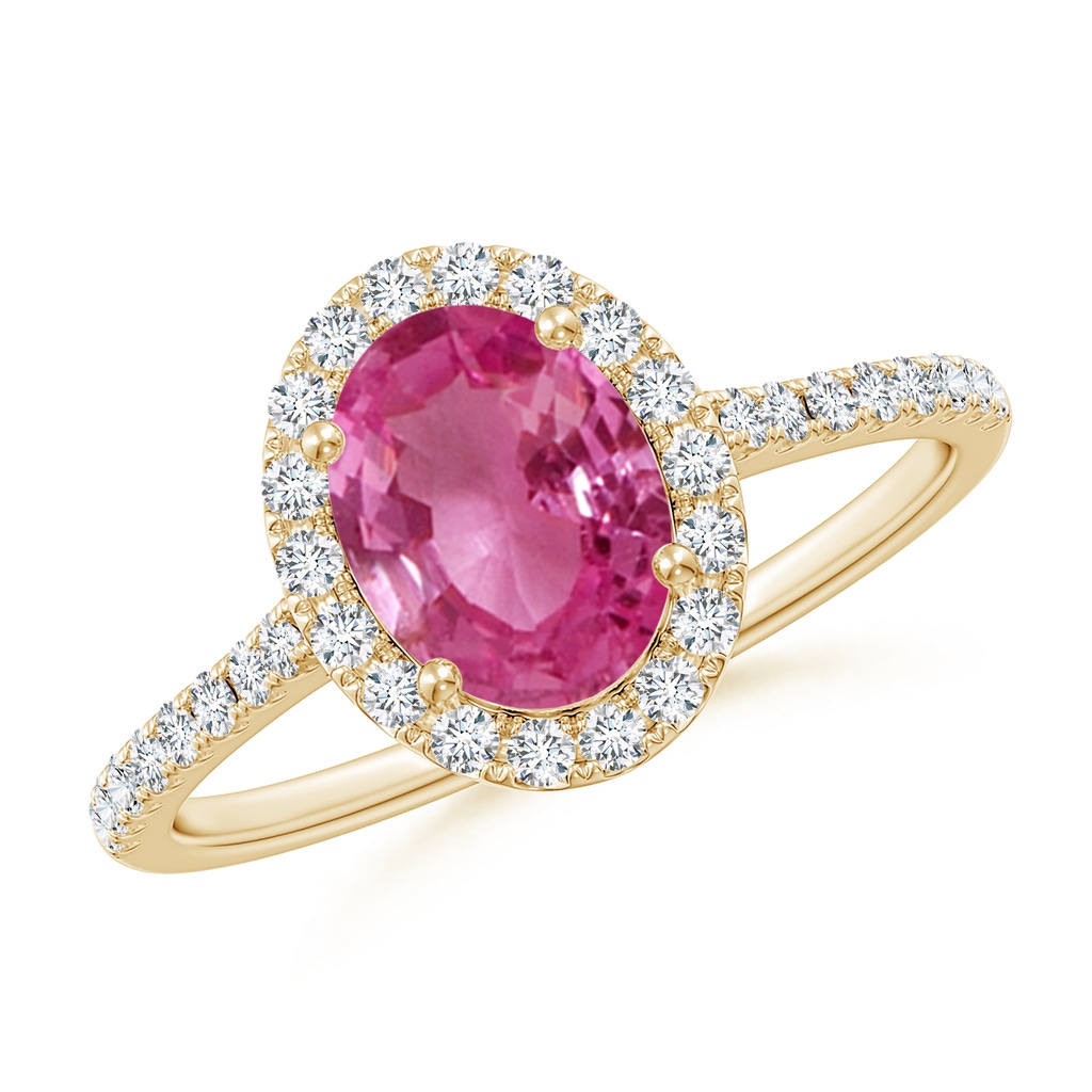 8x6mm AAAA Double Claw-Set Oval Pink Sapphire Halo Ring with Diamonds in Yellow Gold