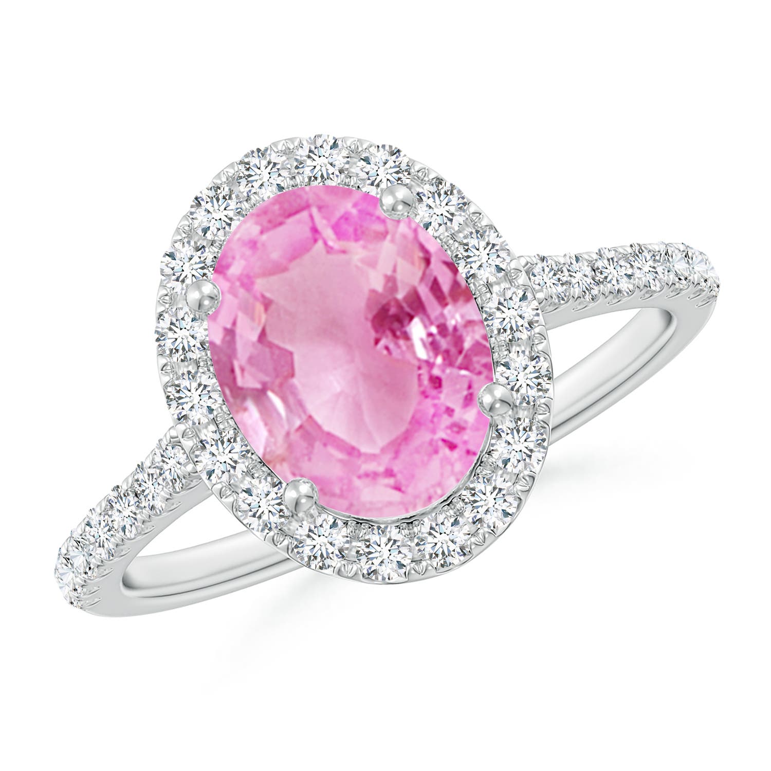 9x7mm A Double Claw-Set Oval Pink Sapphire Halo Ring with Diamonds in P950 Platinum
