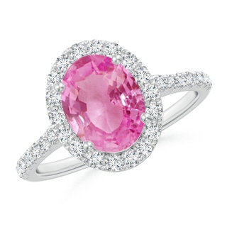 9x7mm AA Double Claw-Set Oval Pink Sapphire Halo Ring with Diamonds in P950 Platinum