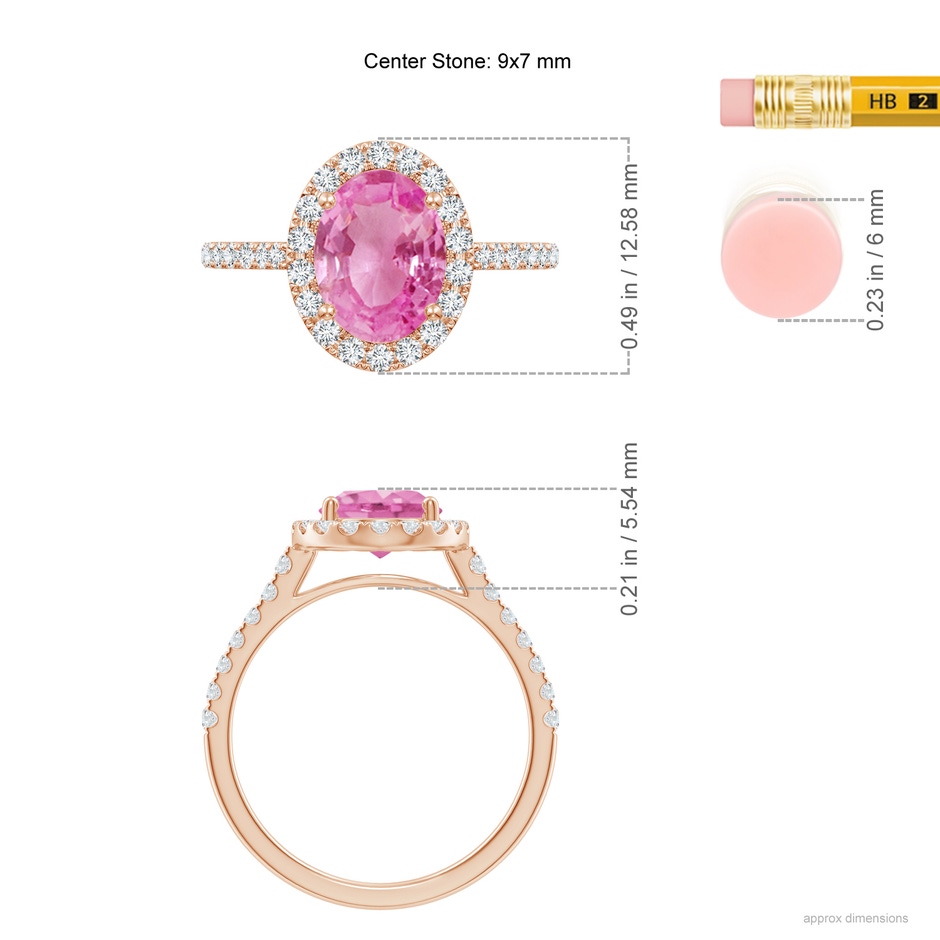 9x7mm AA Double Claw-Set Oval Pink Sapphire Halo Ring with Diamonds in Rose Gold ruler