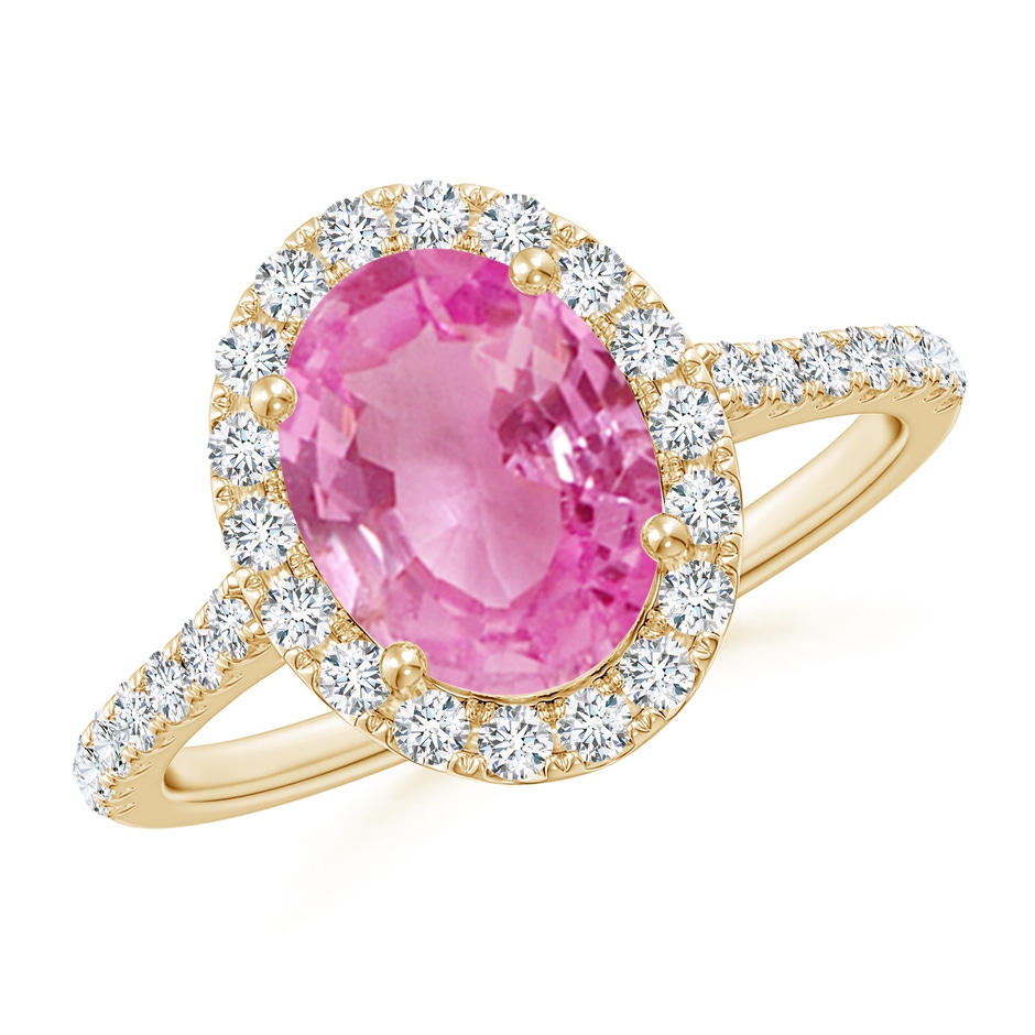 9x7mm AA Double Claw-Set Oval Pink Sapphire Halo Ring with Diamonds in Yellow Gold 