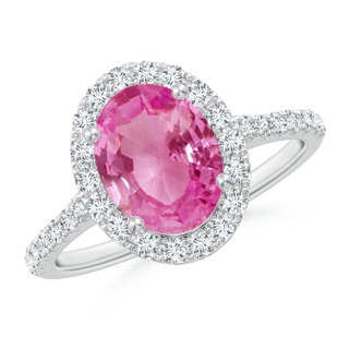 9x7mm AAA Double Claw-Set Oval Pink Sapphire Halo Ring with Diamonds in P950 Platinum