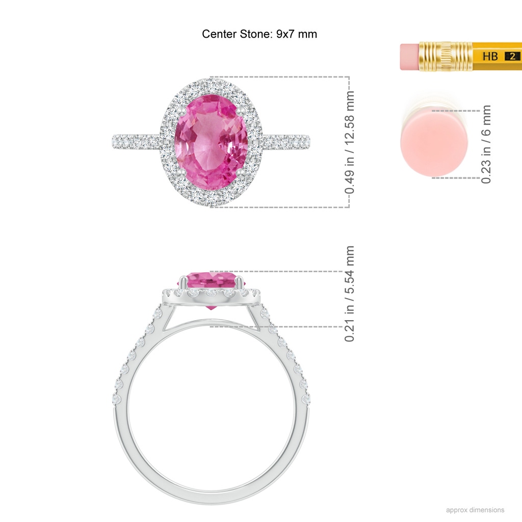 9x7mm AAA Double Claw-Set Oval Pink Sapphire Halo Ring with Diamonds in White Gold Ruler