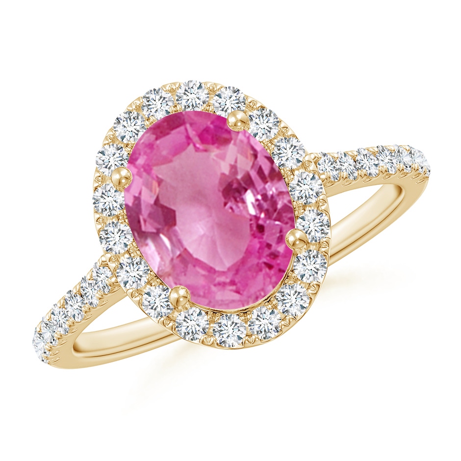 9x7mm AAA Double Claw-Set Oval Pink Sapphire Halo Ring with Diamonds in Yellow Gold 