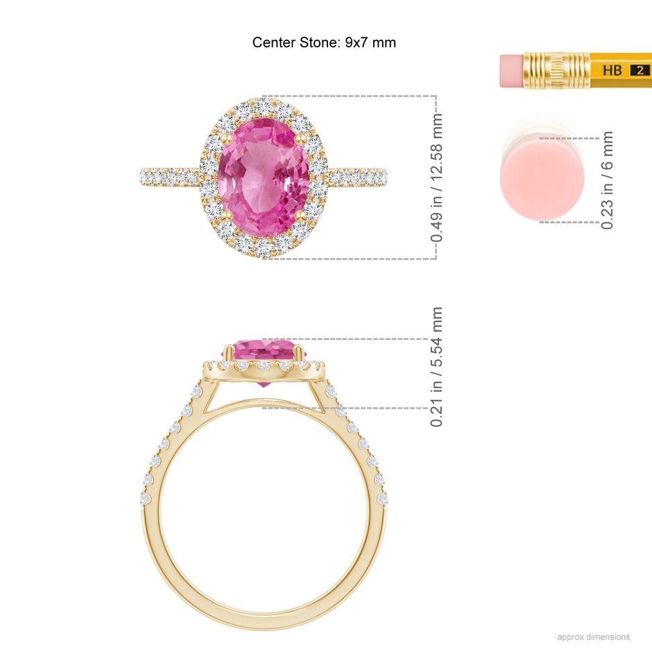 9x7mm AAA Double Claw-Set Oval Pink Sapphire Halo Ring with Diamonds in Yellow Gold ruler