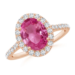 9x7mm AAAA Prong-Set Oval Pink Sapphire Halo Ring with Diamonds in 9K Rose Gold
