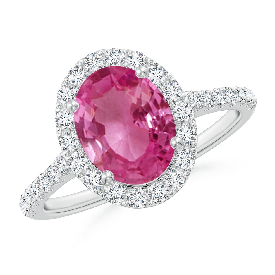 9x7mm AAAA Double Claw-Set Oval Pink Sapphire Halo Ring with Diamonds in P950 Platinum 