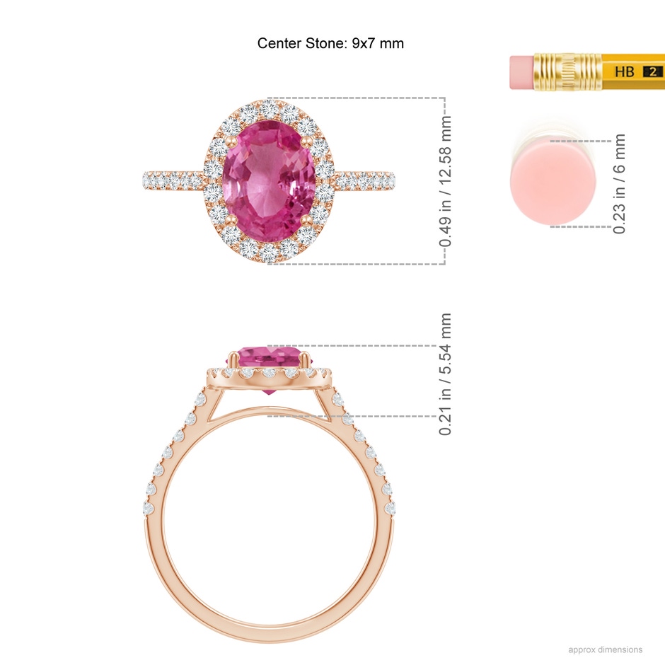 9x7mm AAAA Double Claw-Set Oval Pink Sapphire Halo Ring with Diamonds in Rose Gold ruler