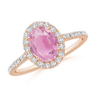 8x6mm A Double Claw-Set Oval Pink Tourmaline Halo Ring with Diamonds in 9K Rose Gold