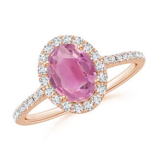 8x6mm AA Double Claw-Set Oval Pink Tourmaline Halo Ring with Diamonds in 9K Rose Gold