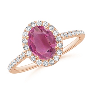 8x6mm AAA Double Claw-Set Oval Pink Tourmaline Halo Ring with Diamonds in 9K Rose Gold
