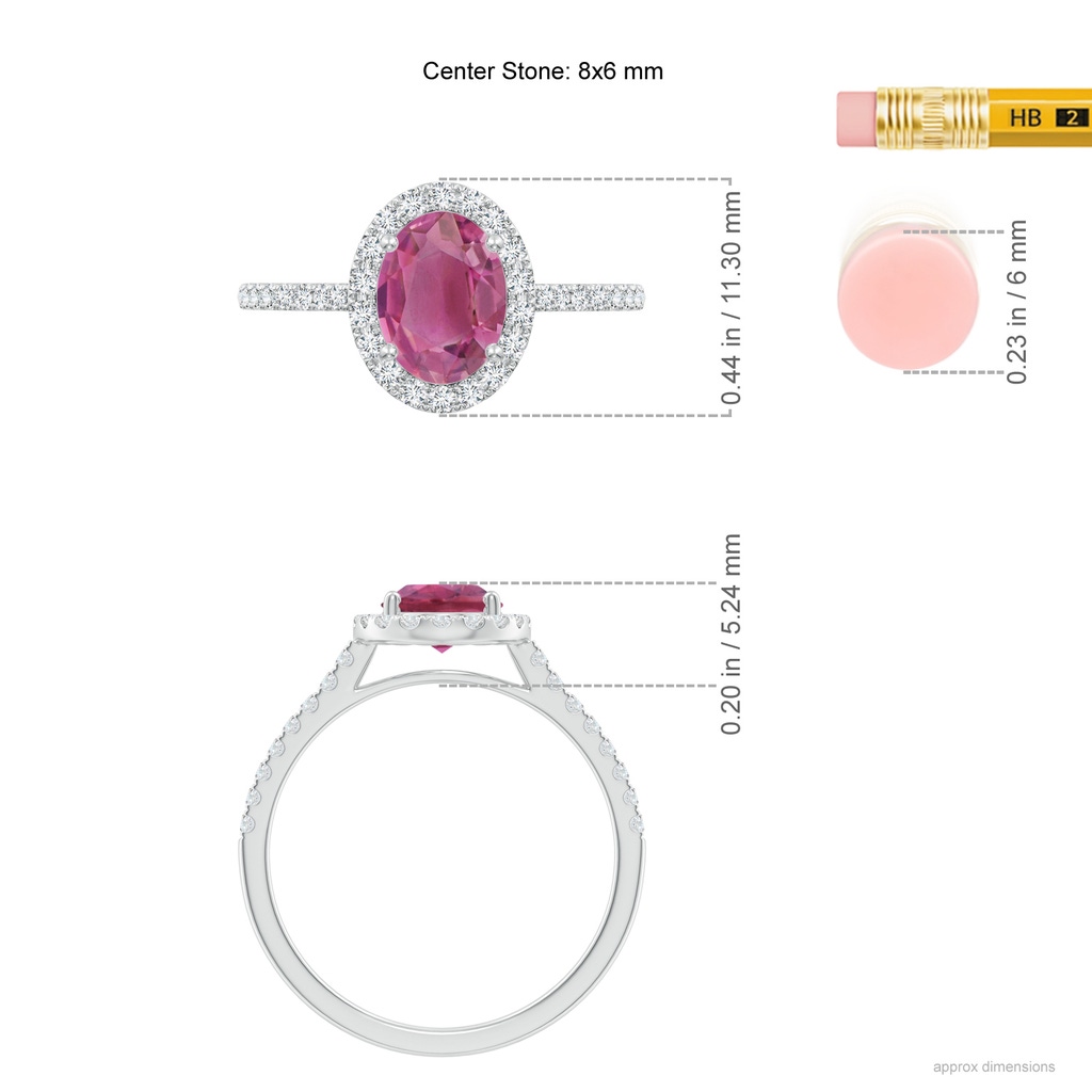 8x6mm AAA Double Claw-Set Oval Pink Tourmaline Halo Ring with Diamonds in White Gold Ruler