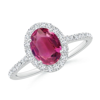 8x6mm AAAA Double Claw-Set Oval Pink Tourmaline Halo Ring with Diamonds in White Gold