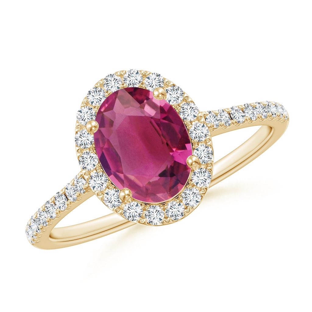 8x6mm AAAA Double Claw-Set Oval Pink Tourmaline Halo Ring with Diamonds in Yellow Gold