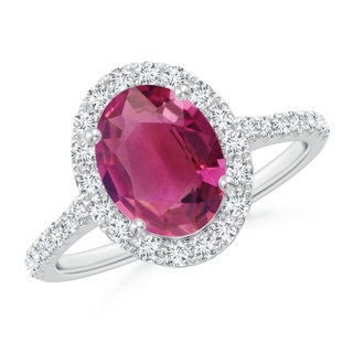 9x7mm AAAA Double Claw-Set Oval Pink Tourmaline Halo Ring with Diamonds in P950 Platinum
