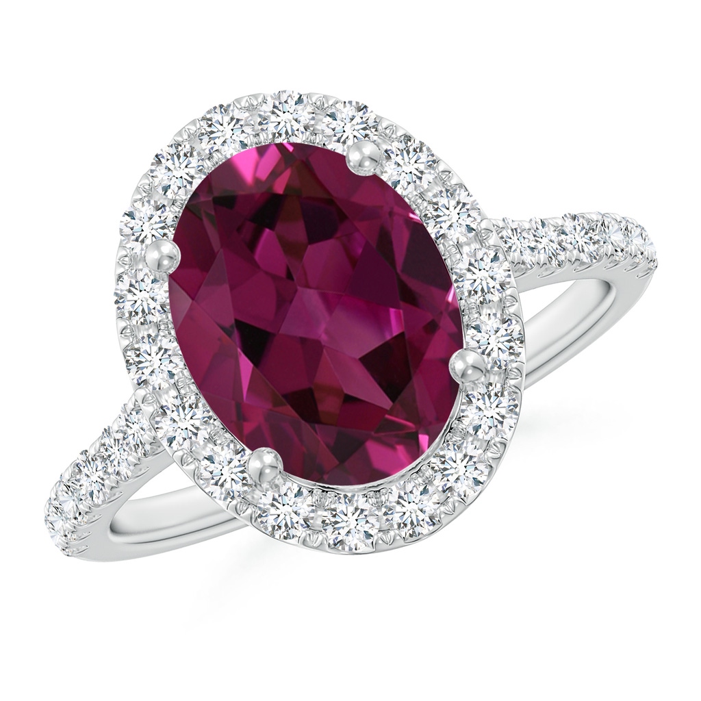10x8mm AAAA Double Claw-Set Oval Rhodolite Halo Ring with Diamonds in P950 Platinum