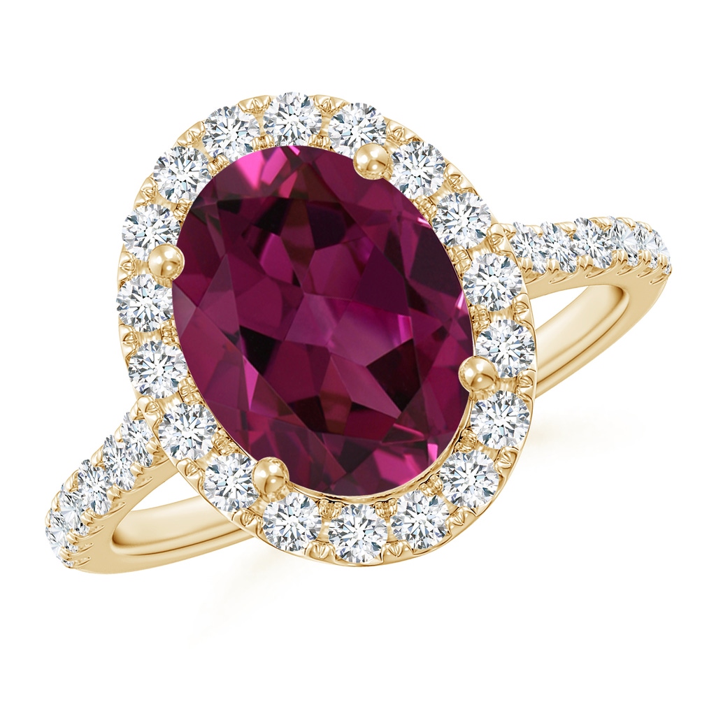 10x8mm AAAA Double Claw-Set Oval Rhodolite Halo Ring with Diamonds in Yellow Gold