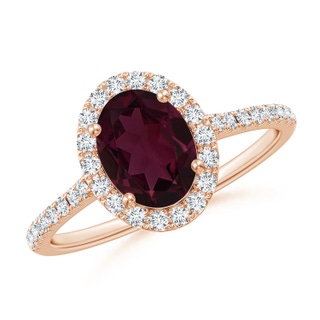 8x6mm A Prong-Set Oval Rhodolite Halo Ring with Diamonds in 9K Rose Gold