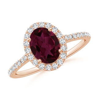 8x6mm AA Double Claw-Set Oval Rhodolite Halo Ring with Diamonds in Rose Gold