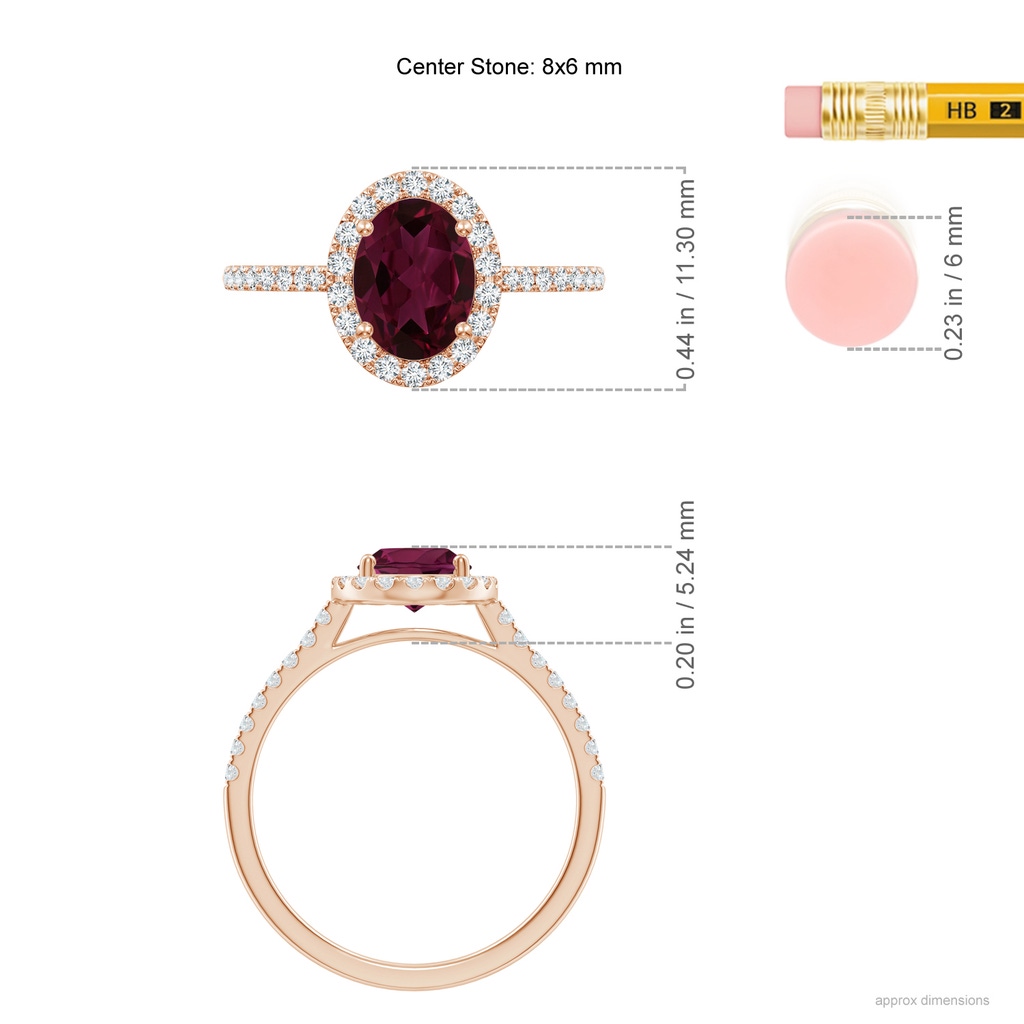 8x6mm AA Double Claw-Set Oval Rhodolite Halo Ring with Diamonds in Rose Gold Ruler