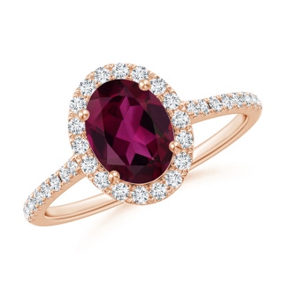 8x6mm AAA Double Claw-Set Oval Rhodolite Halo Ring with Diamonds in Rose Gold